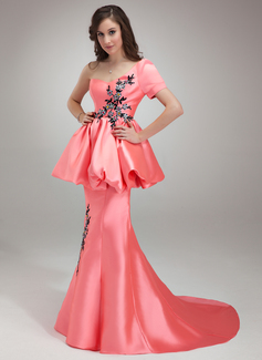 Robe de Bal de Promo Sirene Une epaule Traine courte Satin Robe de Bal de Promo avec Brodé Appliques (018018816)