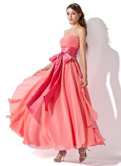 Robe de Bal de Promo Empire Sans bretelles Longueur cheville mousseline de soie Charmeuse Robe de Bal de Promo avec Ondulé Sash (018004816)