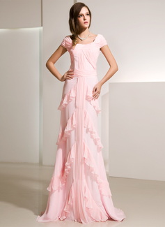 Avondjurken A-Lijn/Prinses Ronde Hals Korte Sleep Chiffon Avondjurk met Roes (017014216)