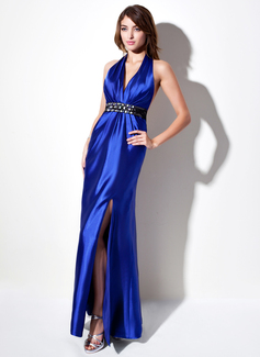 Robe de Bal de Promo Gaine Bretelles autour du cou Longeur au sol Charmeuse Robe de Bal de Promo avec Ondulé Bretelle Brodé (018002772)