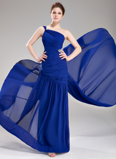 Robe de Bal de Promo Ligne-A/Princesse Une epaule Traîne Watteau Mousseline Robe de Bal de Promo avec Ondulé Brodé (018019109)