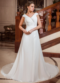 Robe de Mariée Ligne-A/Princesse Hors épaule Traîne Chapelle Organza Satin Robes de Mariée avec Ondulé Perlé (002011766)
