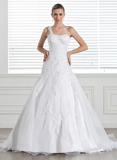 Robe de Mariée Ligne-A/Princesse Une epaule Traine courte Organza Satin Robe de Mariée avec Dentelle (002005321)