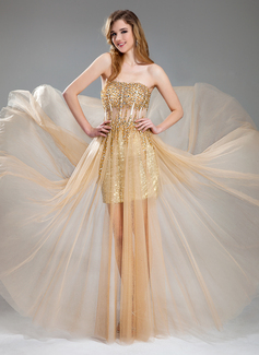 Robe de Bal de Promo Ligne-A/Princesse Cœur Longeur au sol Tulle Pailleté Robe de Bal de Promo avec Brodé (018018902)