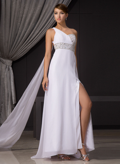 Cheap Evening Dresses Sheath One-Shoulder Watteau Train Chiffon Evening Dress With Ruffle Beading Sequins (017014466)