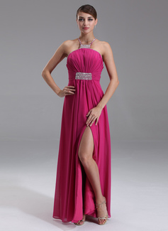 Robe de Bal de Promo Empire Bretelles autour du cou Longeur au sol Mousseline Robe de Bal de Promo avec Ondulé Brodé (018002469)