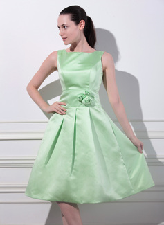 Formal Dresses Sydney A-Line/Princess Square Neckline Knee-Length Satin Bridesmaid Dress With Flower(s) (007012866) Formal Dresses Sydney A-Line/Princess Square Neckline Knee-Length Satin Bridesmaid Dress With Flower(s) (007012866)