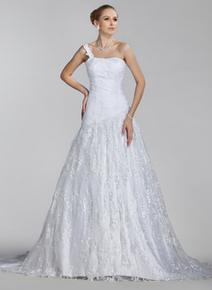 Robe de Mariée Ligne-A/Princesse Une epaule Traine courte Satin Tulle Robe de Mariée avec Ondulé Dentelle (002004516)