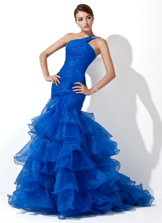 Robe de Bal de Promo Sirene Une epaule Traine longue Organza Robe de Bal de Promo avec Ondulé Brodé (018005077)