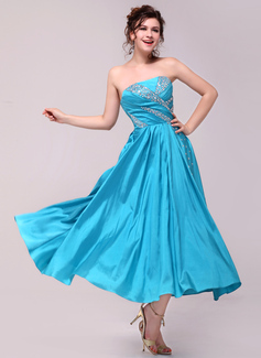 Cheap Prom Dresses A-Line/Princess Strapless Ankle-Length Taffeta Charmeuse Prom Dress With Ruffle (018014008)