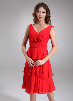 Cheap Bridesmaid Dresses A-Line/Princess V-neck Knee-Length Chiffon Bridesmaid Dress With Ruffle Flower(s) (007000938) Cheap Bridesmaid Dresses A-Line/Princess V-neck Knee-Length Chiffon Bridesmaid Dress With Ruffle Flower(s) (007000938)