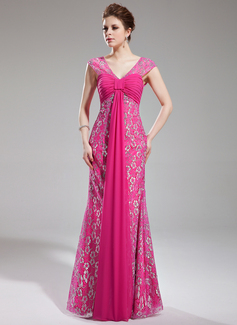Robe de Bal de Promo Gaine Col V Traîne Watteau Mousseline Dentelle Robe de Bal de Promo avec Ondulé Brodé (018019769)
