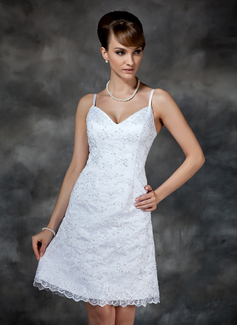 Robe de Mariée Coupe droite Col V Mi-longues Satin Robe de Mariée avec Dentelle Perlé (002000222)