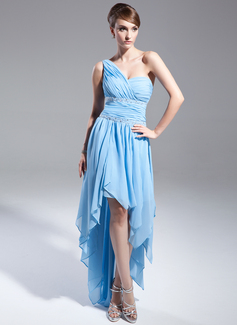 Robe de Bal de Promo Ligne-A/Princesse Une epaule Assymetrique Mousseline Robe de Bal de Promo avec Ondulé Brodé (018015019)