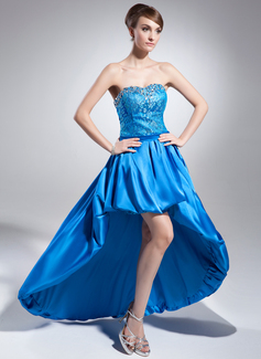 Robe de Bal de Promo Gaine Cœur Assymetrique Satin Dentelle Robe de Bal de Promo avec Ondulé Brodé (018015022)
