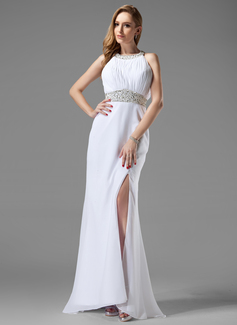 Robe de Bal de Promo Ligne-A/Princesse Col rond Traine longue Mousseline Robe de Bal de Promo avec Ondulé Brodé (018004915)