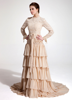 Avondjurken A-Lijn/Prinses Hoge Neck Lange Sleep Chiffon Kant Avondjurk met Roes (017020660) Avondjurken A-Lijn/Prinses Hoge Neck Lange Sleep Chiffon Kant Avondjurk met Roes (017020660)