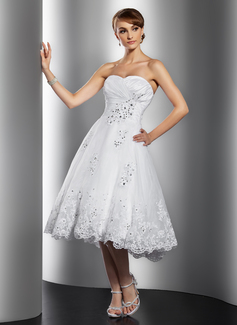 Robe de Mariée Ligne-A/Princesse Cœur Longeur à mi jambe Taffetas Organza Robe de Mariée avec Ondulé Dentelle Perlé Pailleté (002014769)