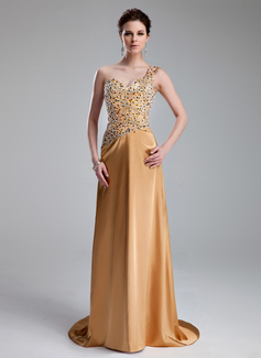 Robe de Bal de Promo Ligne-A/Princesse Une epaule Traine longue Charmeuse Robe de Bal de Promo avec Perles (018019118)