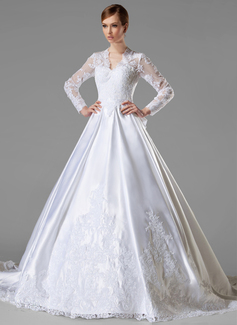 Robe de Mariée bal Col V Traîne Cathedral Satin Robe de Mariée avec Ondulé Dentelle (002004745) Robe de Mariée bal Col V Traîne Cathedral Satin Robe de Mariée avec Ondulé Dentelle (002004745)
