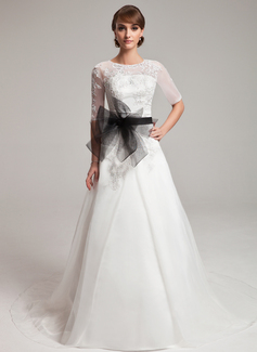 Robe de Mariée Ligne-A/Princesse Col rond Traine courte Organza Dentelle Robe de Mariée avec Echarpes Perlé (002004752) Robe de Mariée Ligne-A/Princesse Col rond Traine courte Organza Dentelle Robe de Mariée avec Echarpes Perlé (002004752)