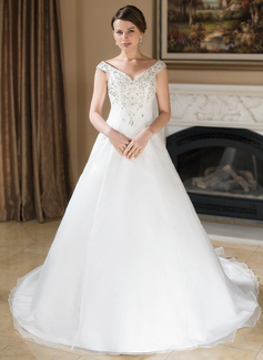 Robe de Mariée Ligne-A/Princesse Hors épaule Traîne Chapelle Organza Satin Robe de Mariée avec Broderie Perlé Sequins (002000389)