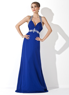 Robe de Bal de Promo Gaine Bretelles autour du cou Traine longue Mousseline Robe de Bal de Promo avec Ondulé Brodé (018002821)