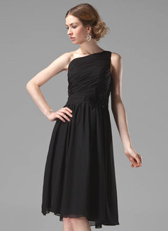 Robe de Demoiselle d'Honneur Ligne-A/Princesse Une epaule Mi-longues Mousseline Robe de Demoiselle d'Honneur avec Ondulé Fleurs (007004118)