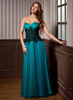 Avondjurken A-Lijn/Prinses Sweetheart Vloerlengte Tule Avondjurk met Roes Lace (017005816)