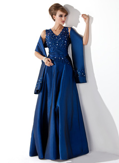 Ligne-A/Princesse Col V Longeur au sol Taffetas Robe de Mère de Mariée avec Dentelle Perles Sequins (008013955)