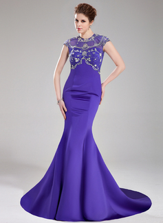Robe de Bal de Promo Sirene Col rond Traine courte Satin Tulle Robe de Bal de Promo avec Brodé Pailleté (018019086)