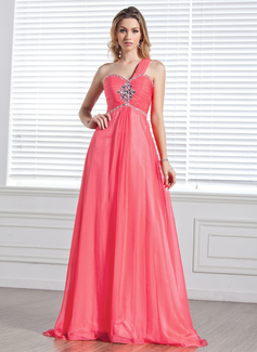 Robe de Bal de Promo Ligne-A/Princesse Une epaule Traine longue Mousseline Robe de Bal de Promo avec Ondulé Perles (018004848)