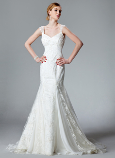 Robe de Mariée Sirene Col V Traîne Watteau Mousseline Charmeuse Dentelle Robe de Mariée avec Ondulé Perlé (002000128)