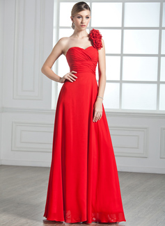 Avondjurken A-Lijn/Prinses Een-Schouder Vloerlengte Chiffon Avondjurk met Roes Bloem(En) (017002599)