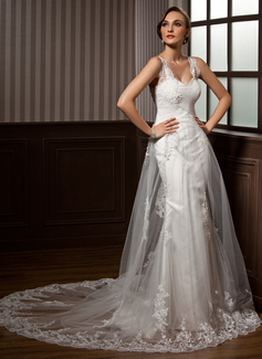 Robe de Mariée Ligne-A/Princesse Cœur Traîne Chapelle Satin Tulle Robe de Mariée avec Ondulé Dentelle (002011450)