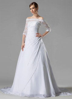Robe de Mariée Ligne-A/Princesse Hors épaule Traîne Chapelle Mousseline Dentelle Robe de Mariée avec Broderie Ondulé Perlé Pailleté (002005194)