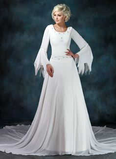 Robe de Mariée Ligne-A/Princesse Col rond Traîne Chapelle Mousseline Robe de Mariée avec Ondulé Perlé (002012145) Robe de Mariée Ligne-A/Princesse Col rond Traîne Chapelle Mousseline Robe de Mariée avec Ondulé Perlé (002012145)