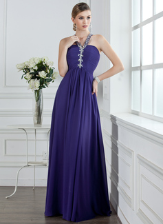 Robe de Bal de Promo Ligne-A/Princesse Col V Longeur au sol Mousseline Robe de Bal de Promo avec Ondulé Brodé (018004956)