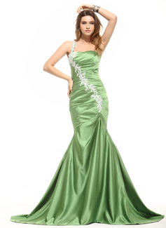 Avondjurken Zeemeermin Een-Schouder Lange Sleep Satin Avondjurk met Roes Lace (017016050)