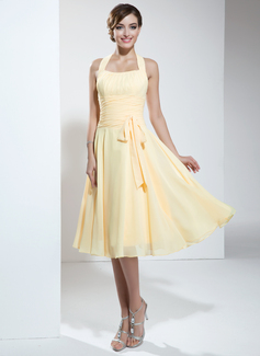 Speciale Gelegenheids Jurken A-Lijn/Prinses Halter Kuitlang Chiffon Schoolgala Jurk met Roes (022003360)