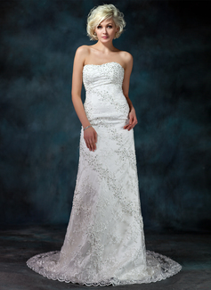 Robe de Mariée Coupe droite Cœur Traine courte Satin Dentelle Robe de Mariée avec Perlé Pailleté (002000175)