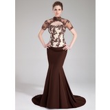 Zeemeermin Hoge Neck Lange Sleep Satin Tule Satijnzijde Avondjurk met Lace Kraal Lovertjes (017019454)