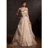 Ligne-A/Princesse Longeur au sol Taffetas Organza Robe de Bal de Promo avec Ondulé Bretelle Appliques (018015055)