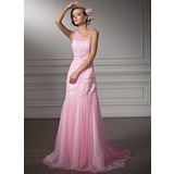 Coupe droite Une epaule Traine courte Satin Tulle Robe de Mariée avec Ondulé Dentelle Perlé (002011380)