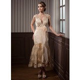 Coupe droite Col V Longueur cheville Organza Satin Dentelle Robe de Mariée avec Echarpes Perlé Fleurs (002011719)