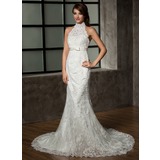 Sirene Coupe droite Bretelles autour du cou Traîne Chapelle Satin Tulle Robes de Mariée avec Dentelle (002011461)