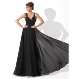 Ligne-A/Princesse Col V Longeur au sol Mousseline Tulle Robe de Bal de Promo avec Ondulé Dentelle Brodé (018005092)