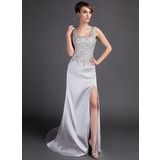 Gaine Col rond Traine courte Satin plastique Robe de Bal de Promo avec Dentelle Perles (018015893)