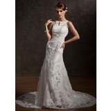 Sirene Col rond Traîne Chapelle Satin Dentelle Robe de Mariée avec Dentelle Perlé (002004770)