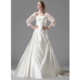 Ligne-A/Princesse Encolure carrée Traîne Chapelle Satin Tulle Robe de Mariée avec Ondulé Dentelle Perlé (002000497)